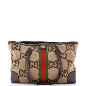 Gucci Beige Canvas Tote with Brown Leather and Green-Red Stripe